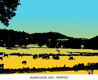 retro vector farm view with trees and cows