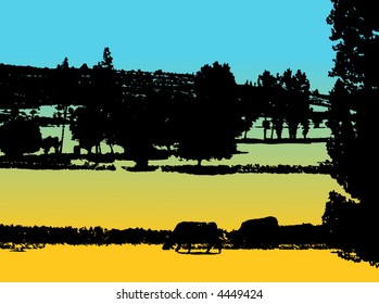 retro vector farm view with trees and cows