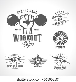 Retro Vector Fists Logo Templates Set. Different Abstract Concepts with Hand Emblem or Sign. Vintage Style and Typography. Isolated.