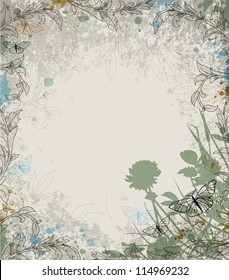 Retro vector floral background with clover and butterflies