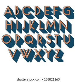 Retro vector font. Two color type with long shadow. Misaligned print