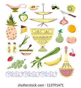 Retro Vector Fruit and Vegetable Food Dining Restaurant Illustrations