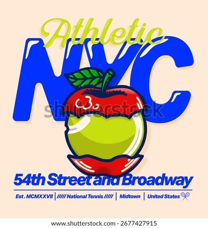 Retro vector graphic inspired by New York sports culture, mixing tennis energy with a symbolic big fruit icon and bold typography. Perfect for urban fashion prints, activewear, and streetwear design