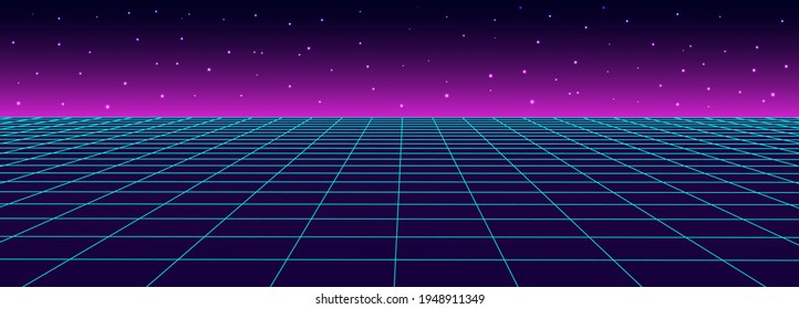 Retro vector grid with stars. Perspective tile of lines. Detailed vector illustration.