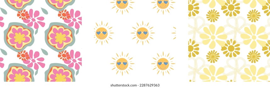retro vector groovy seamless pattern with flowers for social media posts, banner, card design, etc. Vector illustration