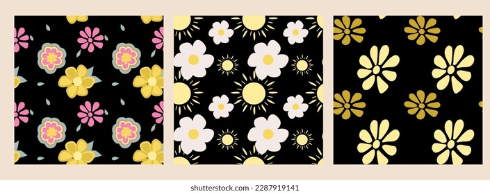 retro vector groovy seamless pattern with flowers for social media posts, banner, card design, etc. Vector illustration