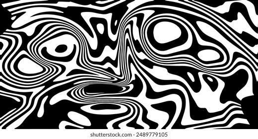 Retro vector groovy striped psychedelic ripple background. Crazy funky VR metaverse futuristic background. Modern streetwear print. Wavy black white rave acid trippy psychedelic retro website backdrop