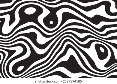 Retro vector groovy striped psychedelic ripple background. Crazy funky VR metaverse futuristic background. Modern streetwear print. Wavy black white rave acid trippy psychedelic retro website eps file