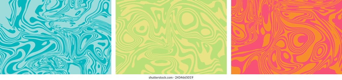 Retro vector groovy summer striped psychedelic background set. Cool bold colored backgrounds. Positive vibes funky optical illusion modern street wear prints or wavy rave trippy website backdrops