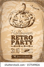 Retro vector  halloween poster with pumpkin