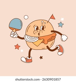 Retro vector hamburger character. Cute junk food design. Hand drawn sport and game illustration. Perfect for sticker, tee shirt logo, greeting card, poster or nursery print design. EPS 10 vector file.