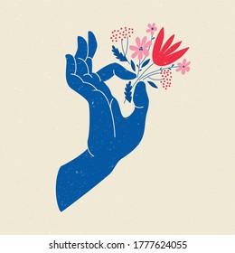 Retro vector hand holding cute flowers illustration.