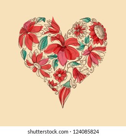 Corazón vectorial retro de flores símbolo de amor