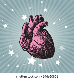 Retro vector heart on striped background. Striped stars background.Abstract heart vector.