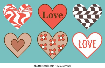 Retro vector hearts  for print, social media posts, banner, card design, etc. Seventies style.