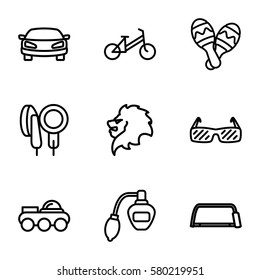 retro vector icons. Set of 9 retro outline icons such as lion, child bicycle, perfume, hacksaw, microphone, maraca, car, sunglasses