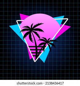 Retro Vector Illustration in 80's style for T-shirt with Palms, Grid and Sunset. Outrun aesthetic.