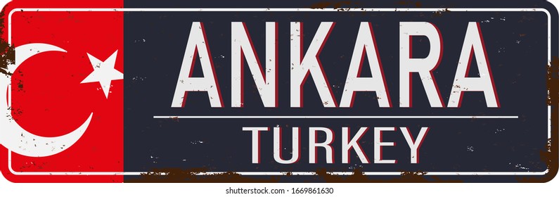 Retro vector illustration Ankara Turky. Travel souvenirs on old grunge damaged background.