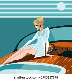 ilustración vectorial retro - Brigitte Bardot en una barca vintage de Riva