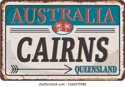 Retro vector illustration Cairns Australia. Travel souvenirs on old grunge damaged background.