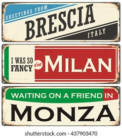 Retro vector illustration with cities of the world. Vintage metal signs collection with Italian cities. Places to visit and remember.
