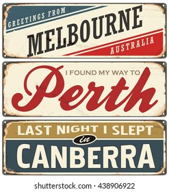 Retro Vector Illustration With Cities Of The World. Australia. Travel Souvenirs On Old Grunge Damaged Background. Melbourne, Perth, Canberra.