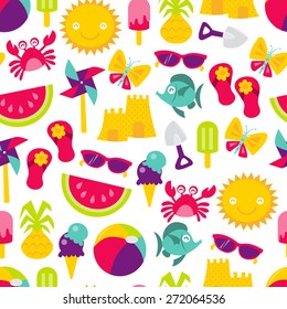 A retro vector illustration of cute summer time fun theme seamless pattern background. 