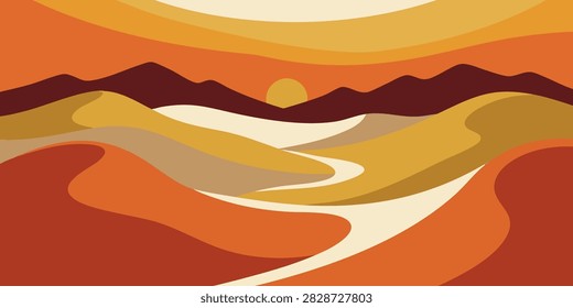 Retro vector illustration of a desert landscape with sand dunes, distant mountains, and a warm glowing sunset in shades of orange and brown