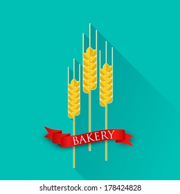 retro vector illustration with ears of wheat and red ribbon. bakery sign.