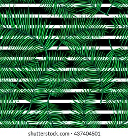 Retro vector illustration of exotic tropical seamless pattern with cartoon bright palm leaves, geometric straight line isolated on white background. Trendy plant endless backdrop. Use for print, web