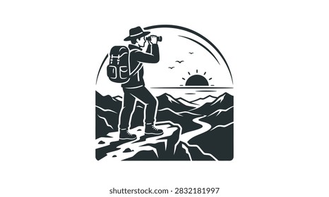 A retro vector illustration featuring a lone hiker wearing a hat and backpack standing on a cliff edge looking through binoculars at the landscape.