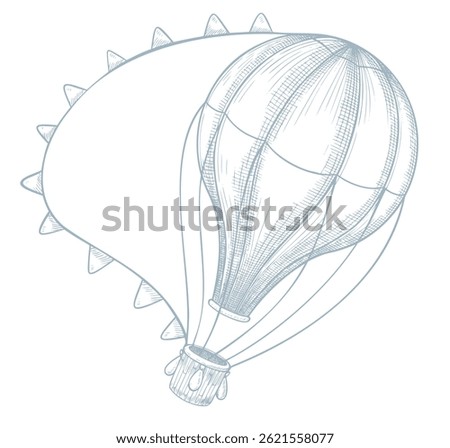 Retro vector illustration of hot air Balloon. Linear pastel blue drawing of vintage Aircraft for Baby shower invitations or childish greeting cards. Outline sketch of Aerostat for nursery posters.