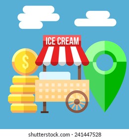 Retro vector illustration of Ice Cream Cart, coins and map point.