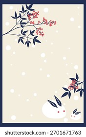 Retro vector illustration of nandina and snow rabbit.