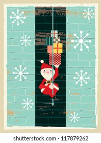 Retro vector illustration of Santa Claus coming down the chimney carrying presents