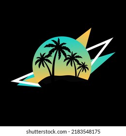 Retro vector illustration in the style of the 80s for a T-shirt with palm trees in neon bright colors on a dark background