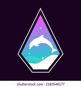 Retro vector illustration in the style of the 80s for a T-shirt with a picture of a dolphin jumping into the sea in neon bright colors on a dark background