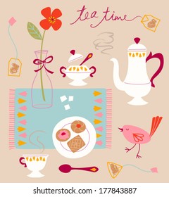 Retro Vector Illustration of Tea Time with Poppy and Bird