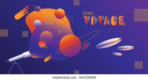 Retro vector illustration with telescope, comets, planets and flying ufo objects in vibrant contrasting colors