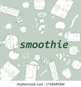 retro vector illustration vegetable smoothie.vegetables on a skewer,text.monochrome drawing