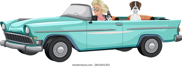 Retro vector illustration of woman and two dogs riding in turquoise convertible, side view