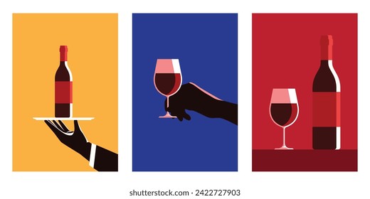 Retro vector illustrations of a cup, a glass, a bottle of red wine, wine on a date, at parties, in a restaurant and various events.