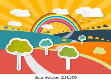 Retro Vector Landscape Illustration - Rural Paper Background with Trees, Rainbow and Clouds 
