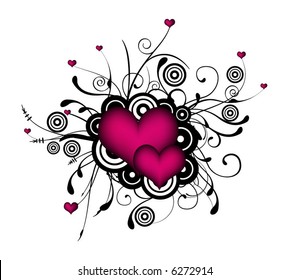 retro vector lovely hearts with grunge circles and branches