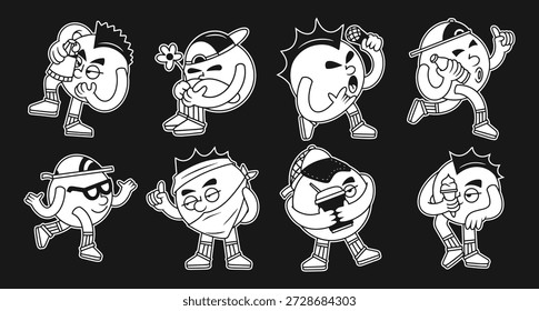 Retro vector mascot cartoon characters design set. Black and white vector cartoon design. Clothing and posters design
