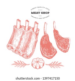 Retro vector meat illustration. Hand drawn ribs, spices and herbs. Raw food ingredients. Vintage sketch. Can be use for label, restaurant menu.