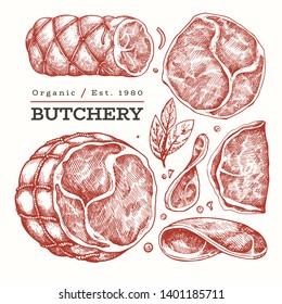 Ilustración de la carne vectorial retro. Jamón dibujado a mano, lonchas de jamón, especias y hierbas. Ingredientes crudos. Dibujo de época. Se puede utilizar para etiquetas, menú de restaurante.