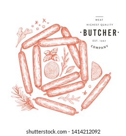 Retro vector meat illustration. Hand drawn sausages, spices and herbs. Raw food ingredients. Vintage sketch. Can be use for label, restaurant menu.