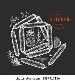 Retro vector meat illustration on chalk board. Hand drawn sausages, spices and herbs. Raw food ingredients. Vintage sketch. Can be use for label, restaurant menu.