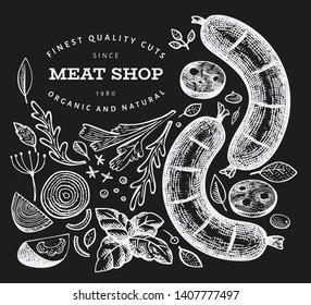 Retro vector meat illustration on chalk board. Hand drawn sausages, spices and herbs. Raw food ingredients. Vintage sketch. Can be use for label, restaurant menu.